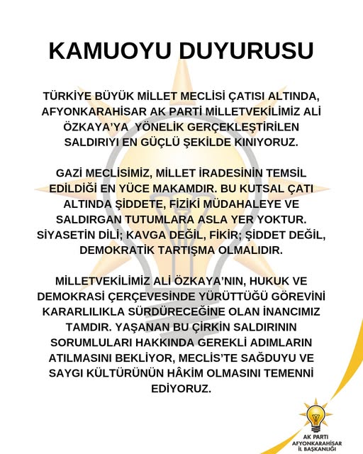 Afyonkarahisar AK Parti İl Başkanlığı Meclis'teki Saldırıyı Kınadı