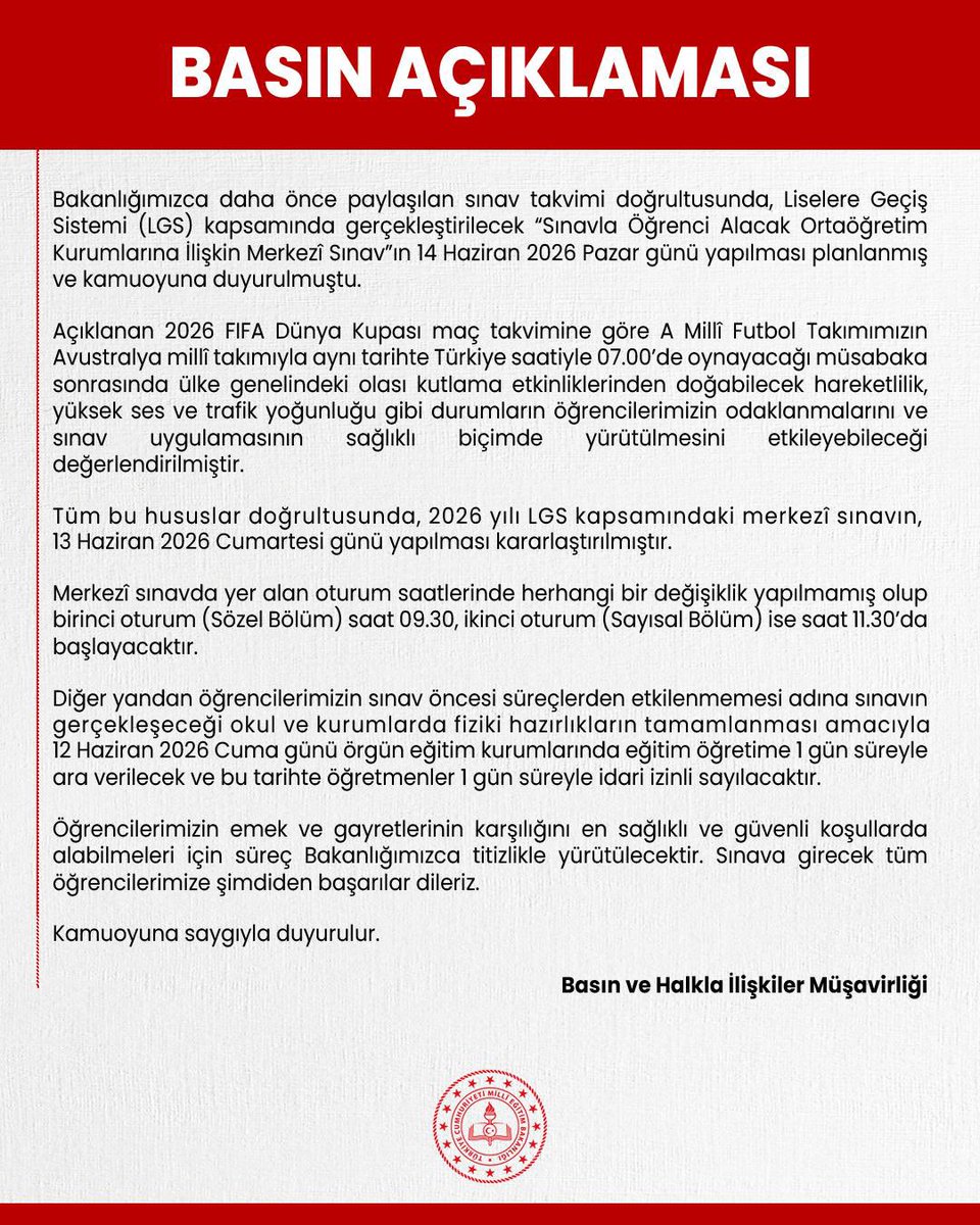 LGS Merkezî Sınavı 13 Haziran 2026'da Yapılacak