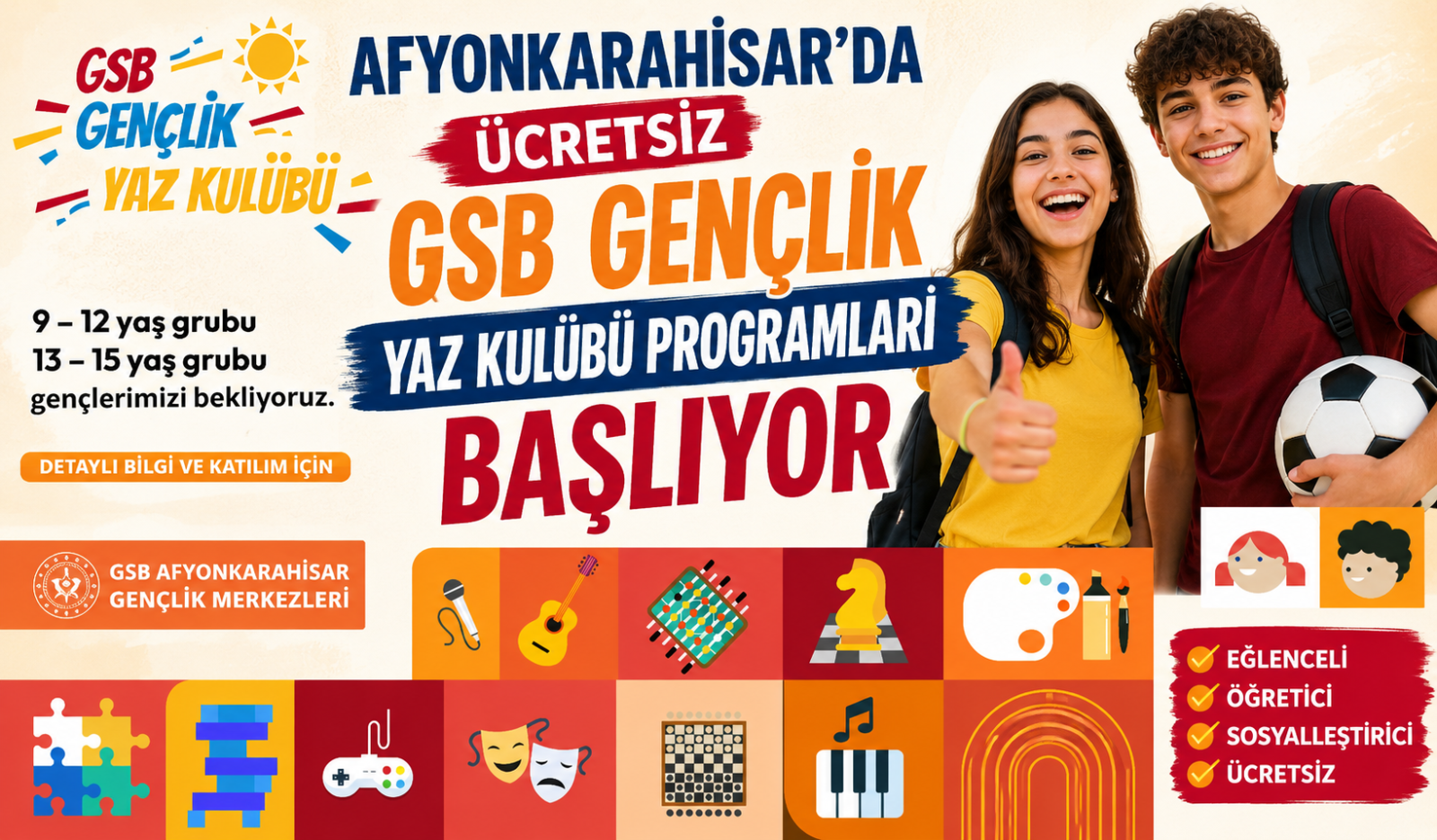 Afyonkarahisar'da Ücretsiz GSB Gençlik Yaz Kulübü Programları Başlıyor